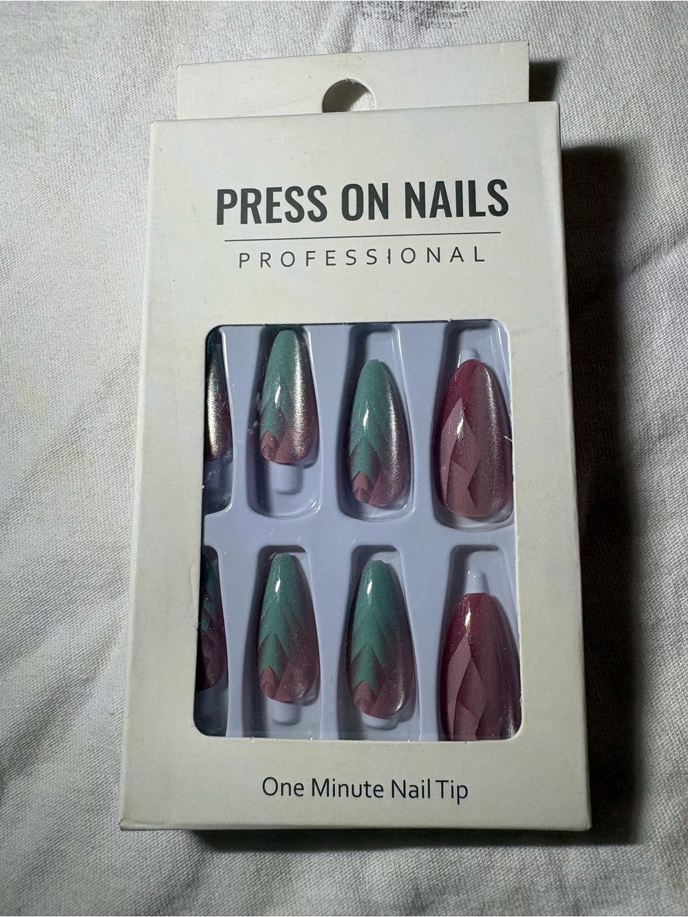 Long Coffin Press-On Nails Green Pink Shiny Geometric Full Cover